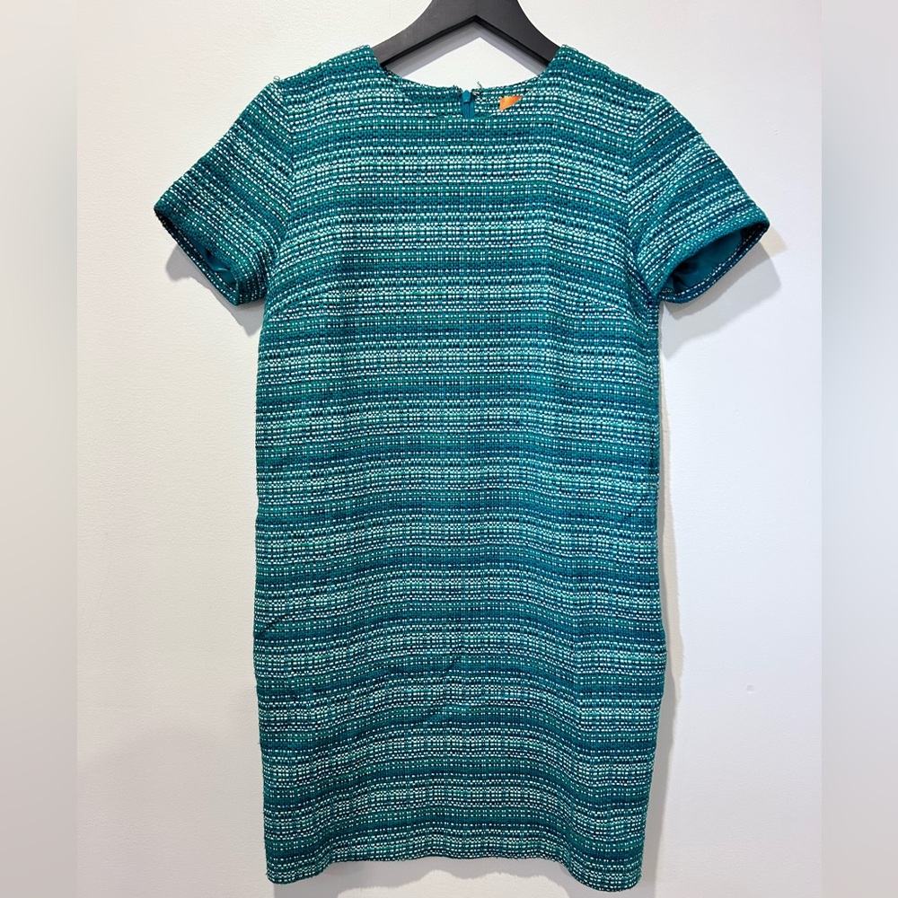 Green Blue Tweed Style Shift Dress Size 0 Pockets Short Sleeve